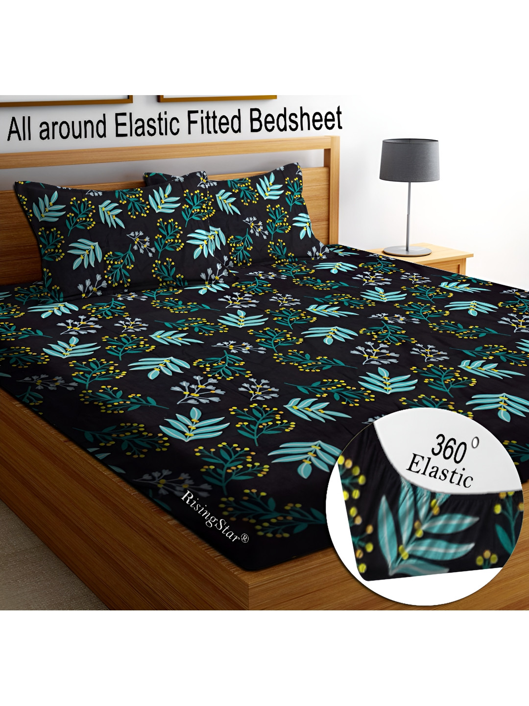 RISING STAR Black Floral Microfiber 250 TC Fitted King Fine Bedsheet with 2 Pillow Covers-78 x 72 inches