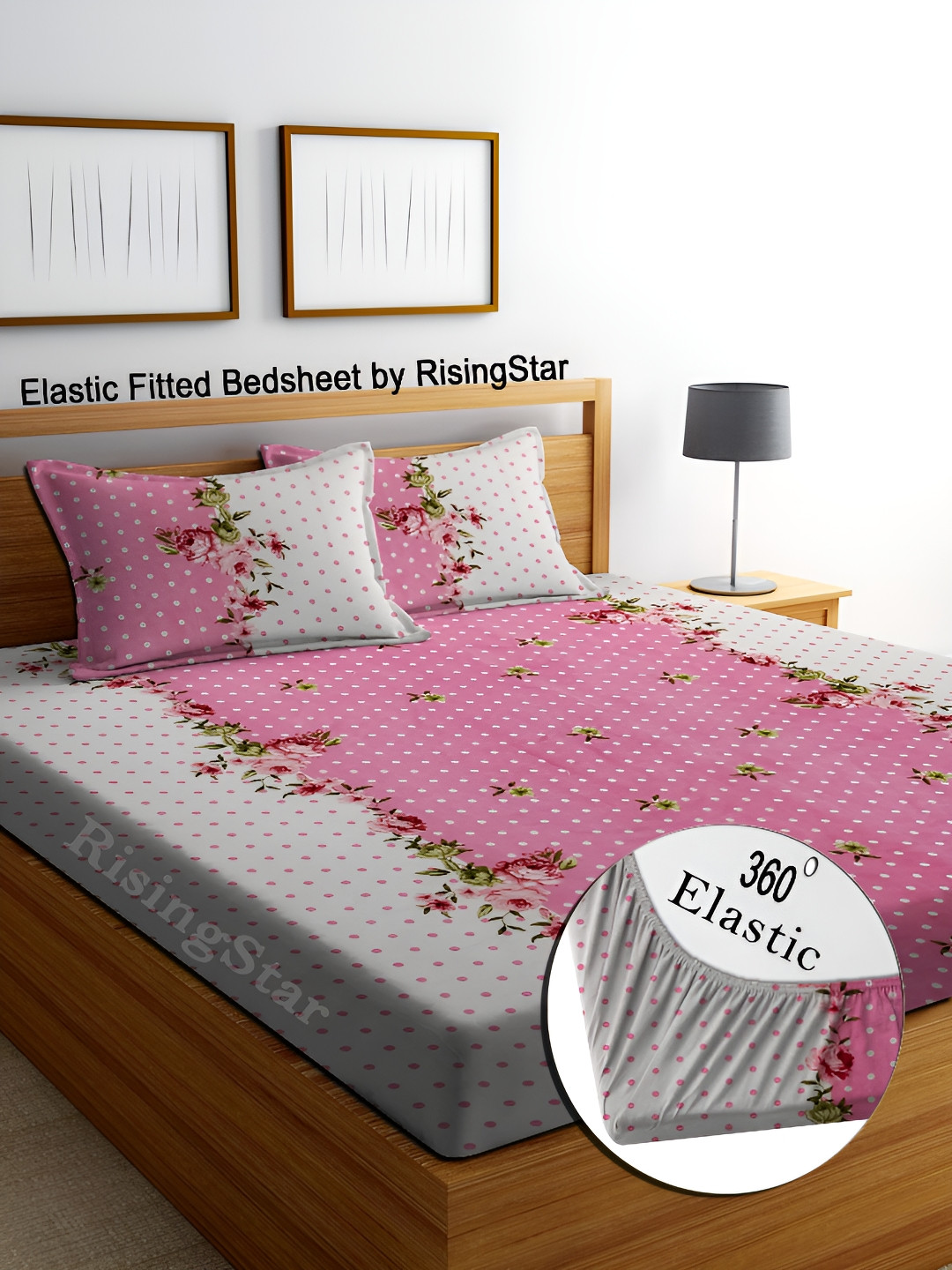 RISING STAR Pink Floral Cotton 250 TC Fitted King Fine Bedsheet with 2 Pillow Covers-78 x 72 inches