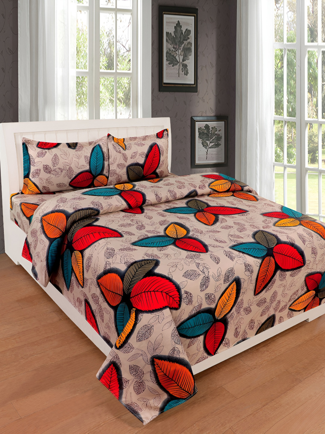 RISING STAR Beige Leaf Microfiber 180 TC King Bedsheet with 2 Pillow Covers-78 x 72 inches