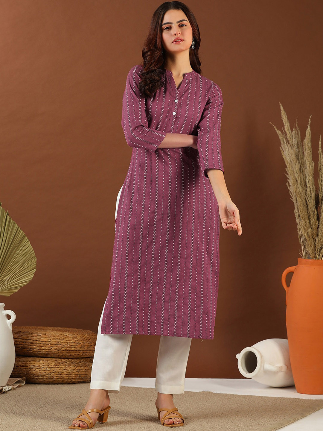 MASSTANI BY INDDUS Ethnic Woven Design Mandarin Collar Cotton A-Line Kurta