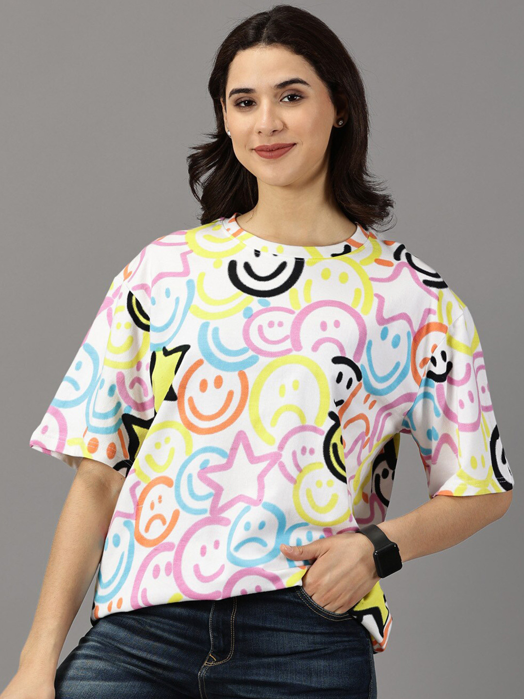 Rodzen Printed Pure Cotton Drop-Shoulder Sleeves Oversized T-shirt