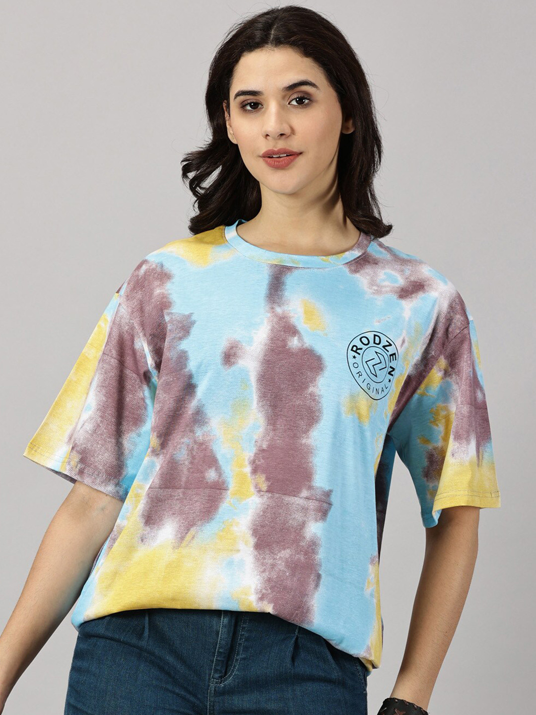 Buy Rodzen Dyed Pure Cotton Drop-Shoulder Sleeves Oversized T