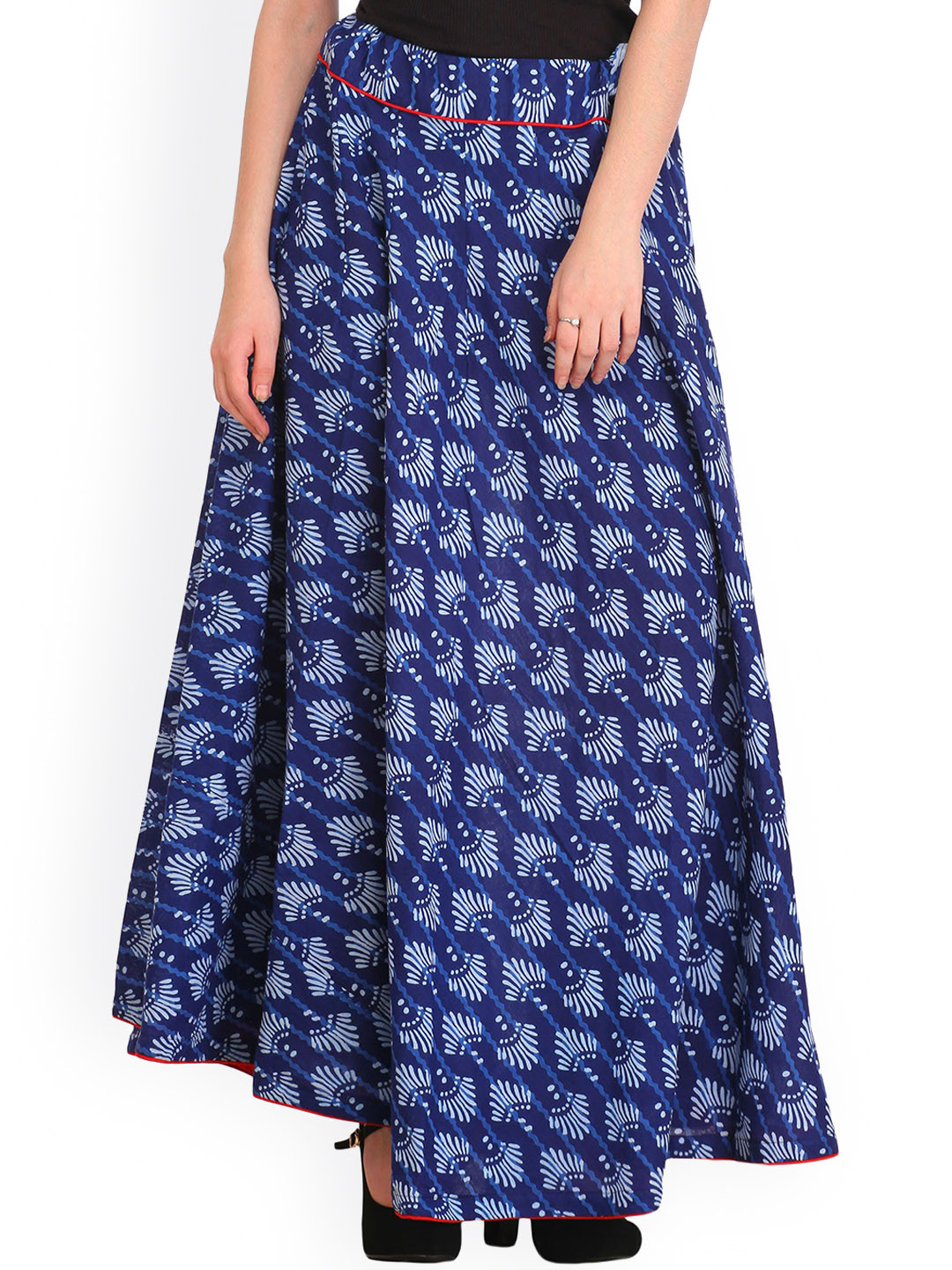 Exotic India Limoges Blue Block Pure Cotton Printed Long Ghagra Skirt with Piping-Work