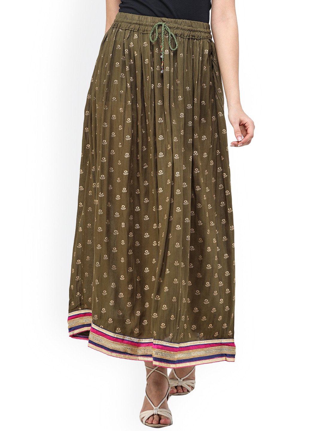 Exotic India Printed Golden Bootis Rayon A-Line Skirt with Patch Border