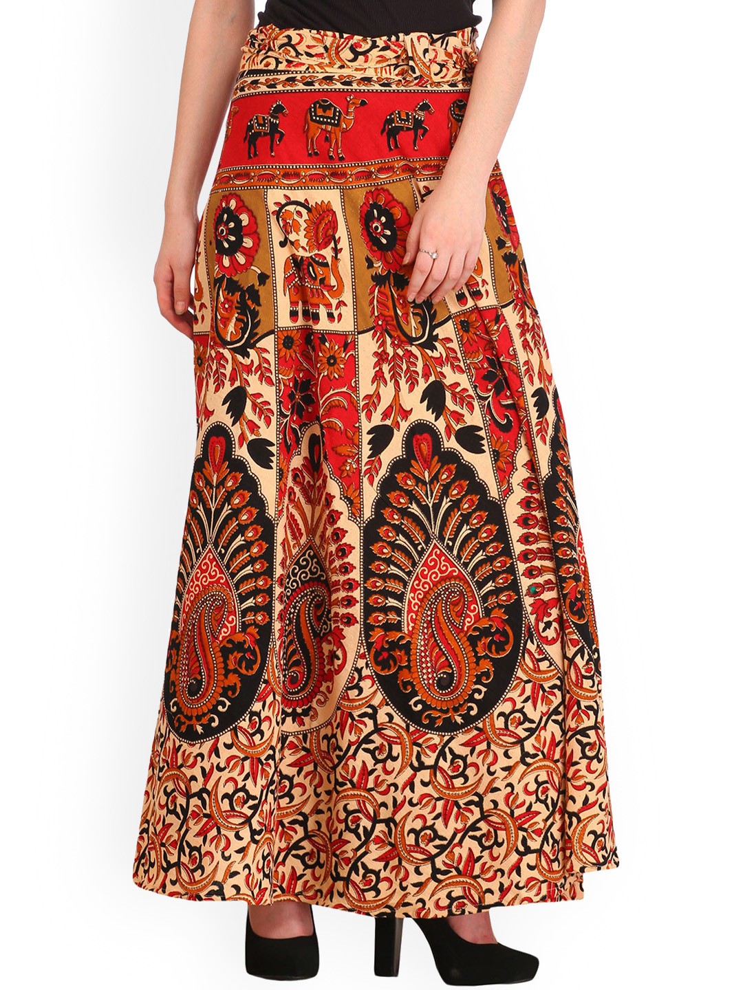 Exotic India Scarlet Red Cream Floral Printed Wrap-Around Pure Cotton Long Skirt