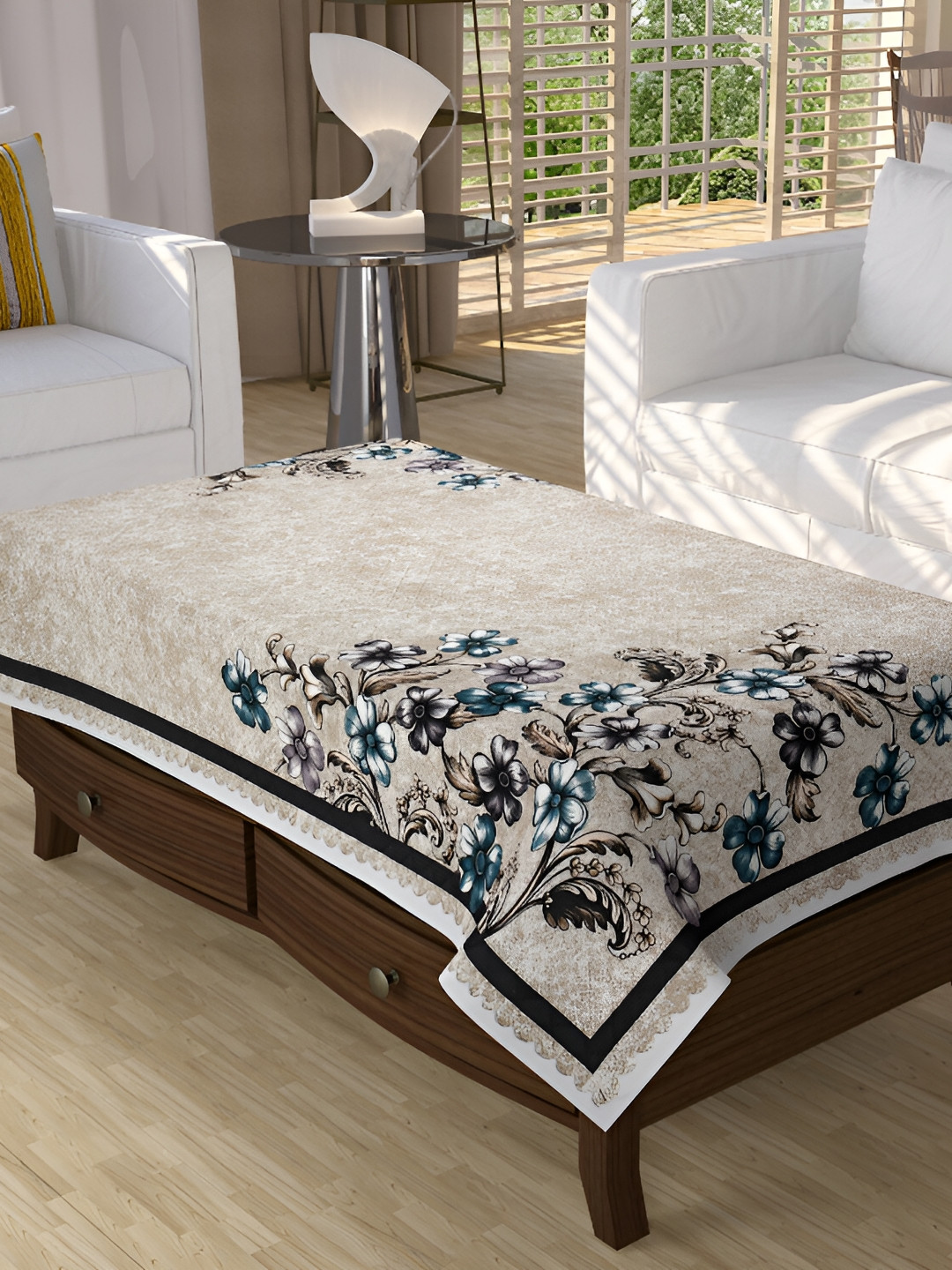 BIGGER FISH Cream Floral Printed Rectangle 4 Seater Centre Table Cover