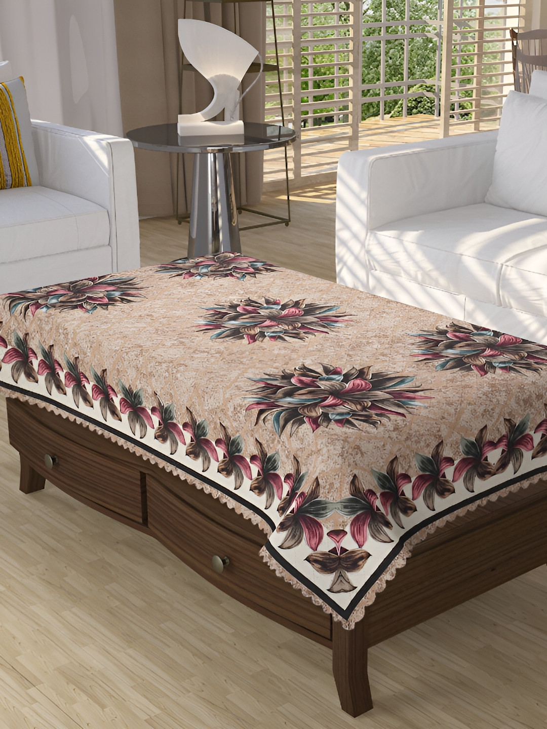 BIGGER FISH Brown Floral Printed Rectangle 4 Seater Centre Table Cover
