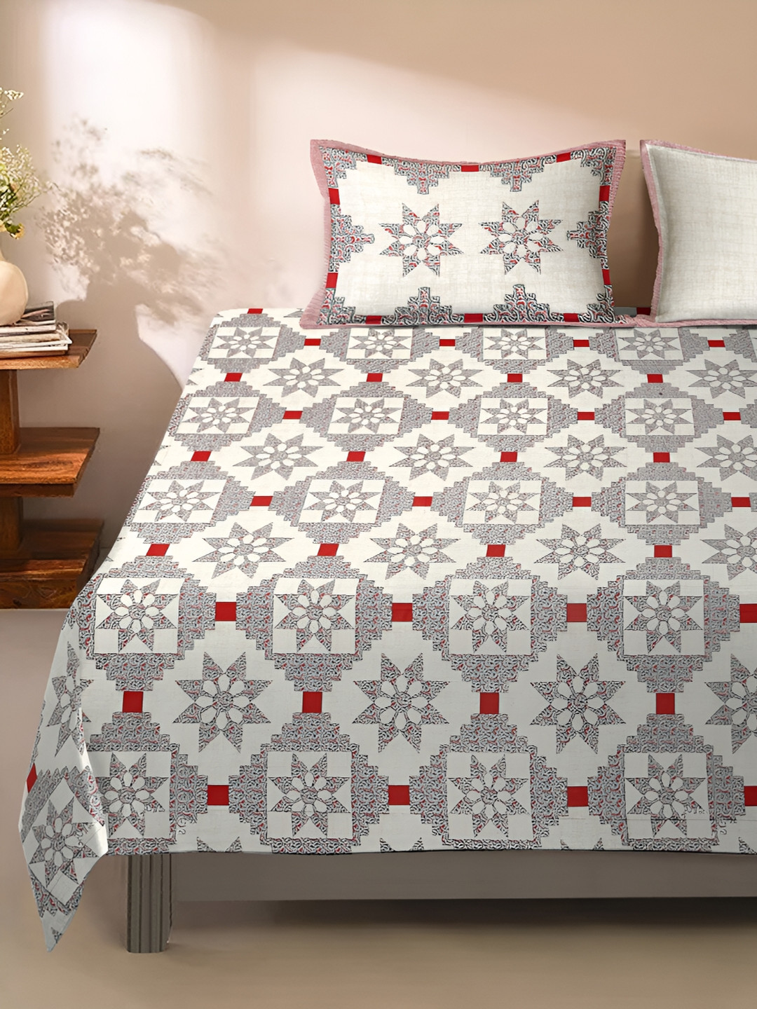 Rajasthan Decor Summer Collection White Floral Cotton 210 TC King Fine Bedsheet with 2 Pillow Covers-108 x 106 inches