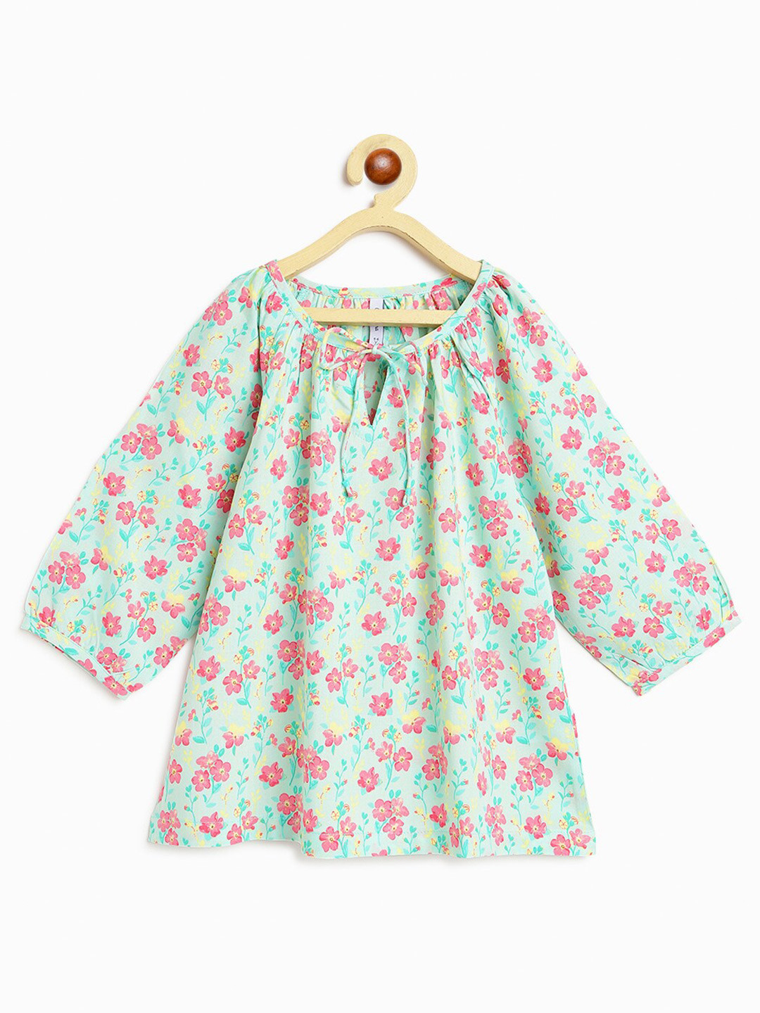 Campana Girls Floral Printed Tie-Up Neck Raglan Sleeves A-Line Top