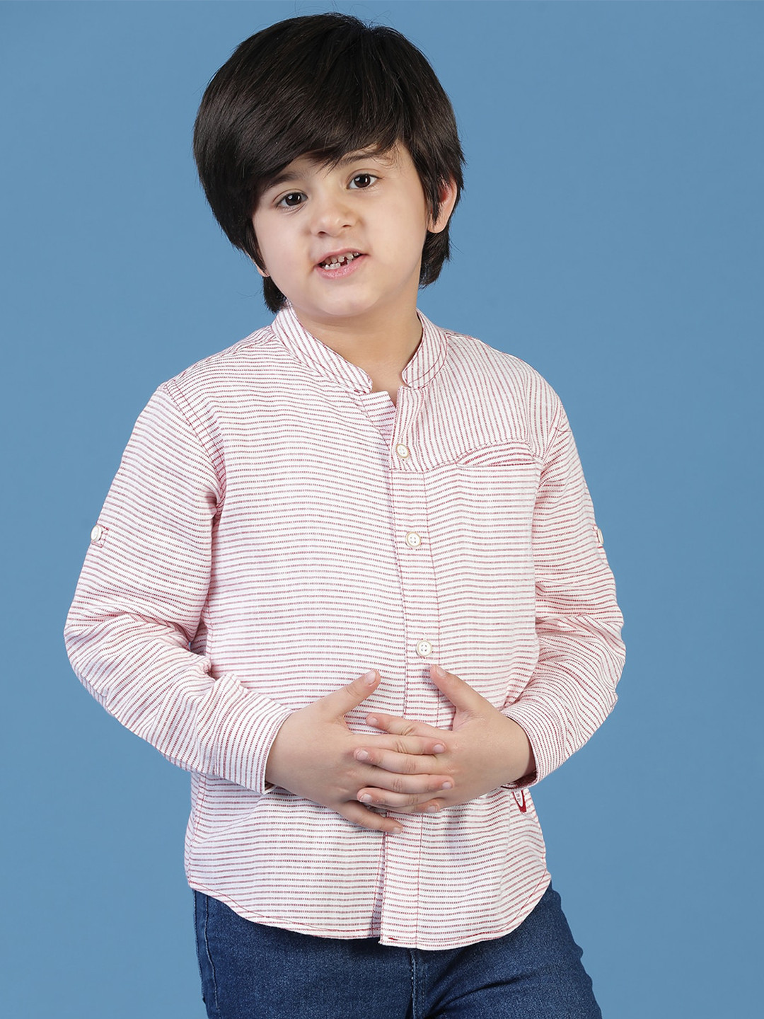 TALES & STORIES Boys Mandarin Collar Long Sleeves Striped Regular Fit Cotton Casual Shirt