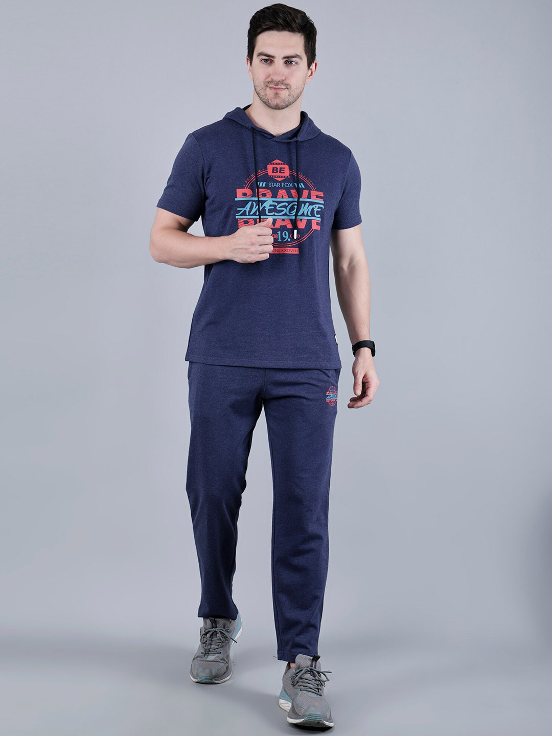 STARFOX Typography Printed Hooded Sports T-Shirt With Trouser