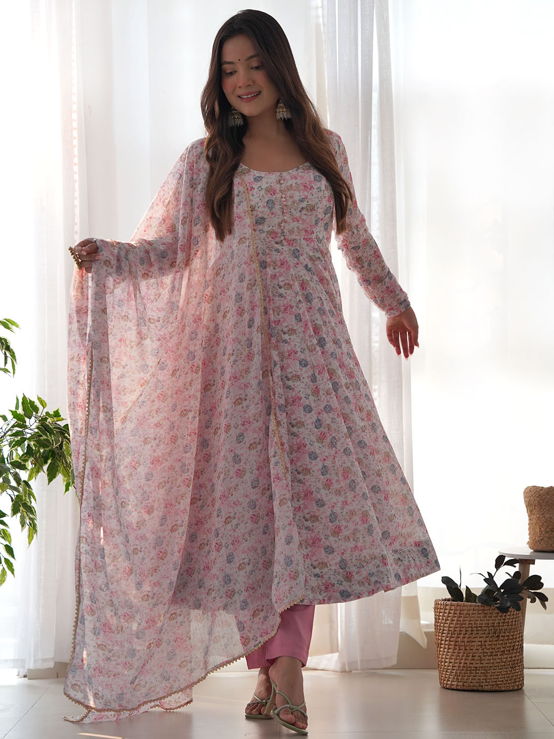 LABELKBBRAND Pink Floral Printed Regular Silk Chiffon Kurta with Trousers & Dupatta Set