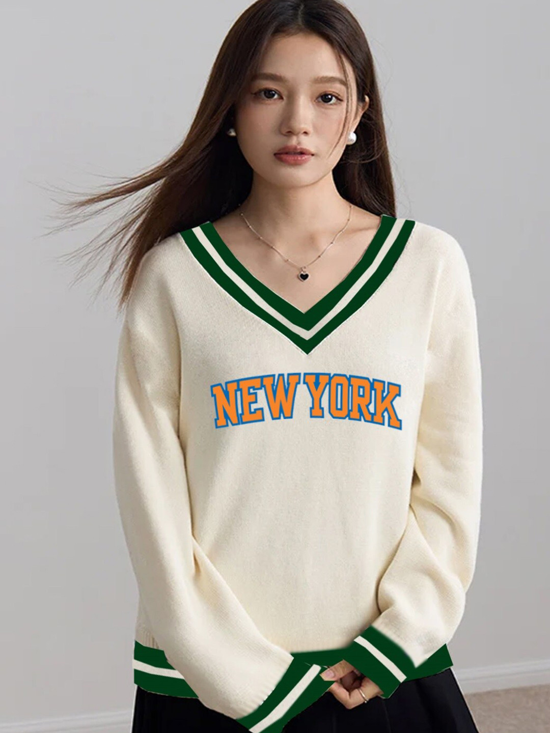 CLAFOUTIS Typography Print V-Neck Drop Shoulder Sleeves Oversized T-shirt With Mask