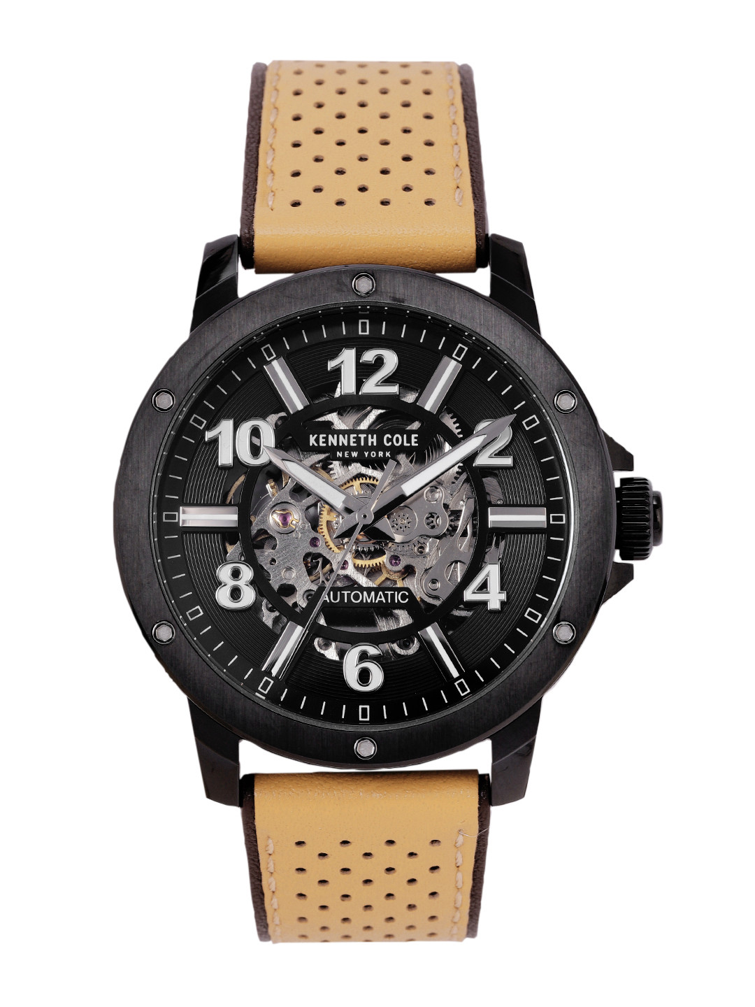 Kenneth Cole Men Skeleton Textured Leather Analogue Automatic Watch KCWGE0013105MN-black