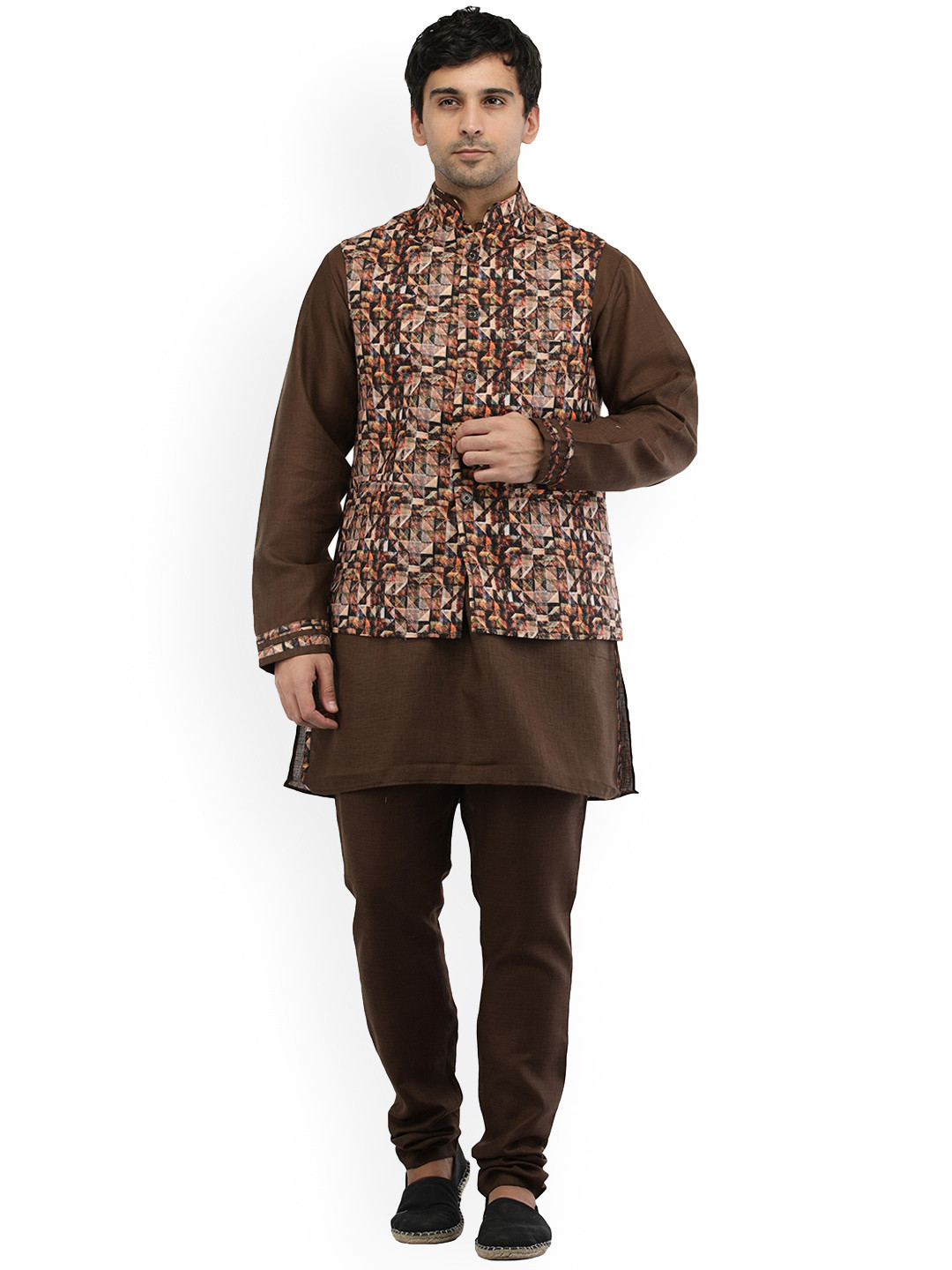 Exotic India Nutmeg Brown Three Piece Kurta Pajama Set with Digital Printed Waistcoat