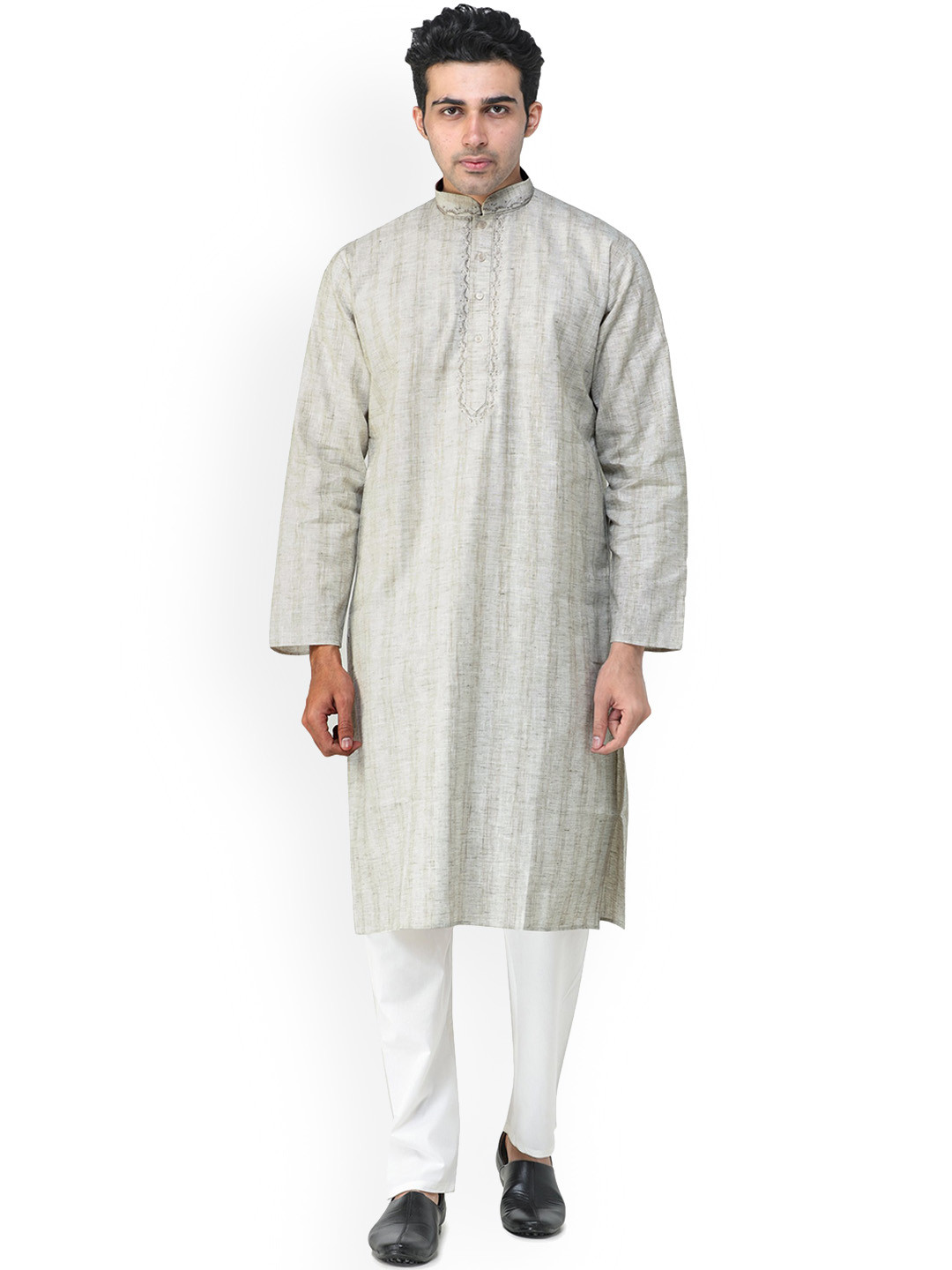 Exotic India Silver Birch Casual Kurta Pajama Set with Woven Stripes and Embroidery