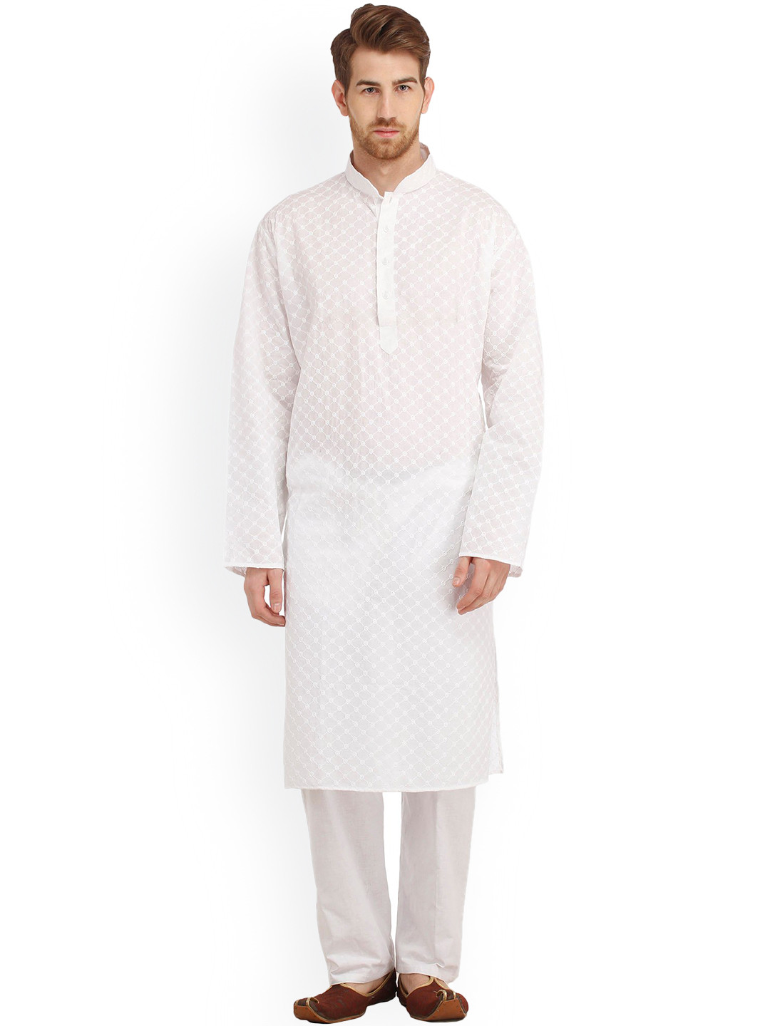 Exotic India Bright White Casual Kurta Pyjama Set with Lukhnavi Chikan Embroidery