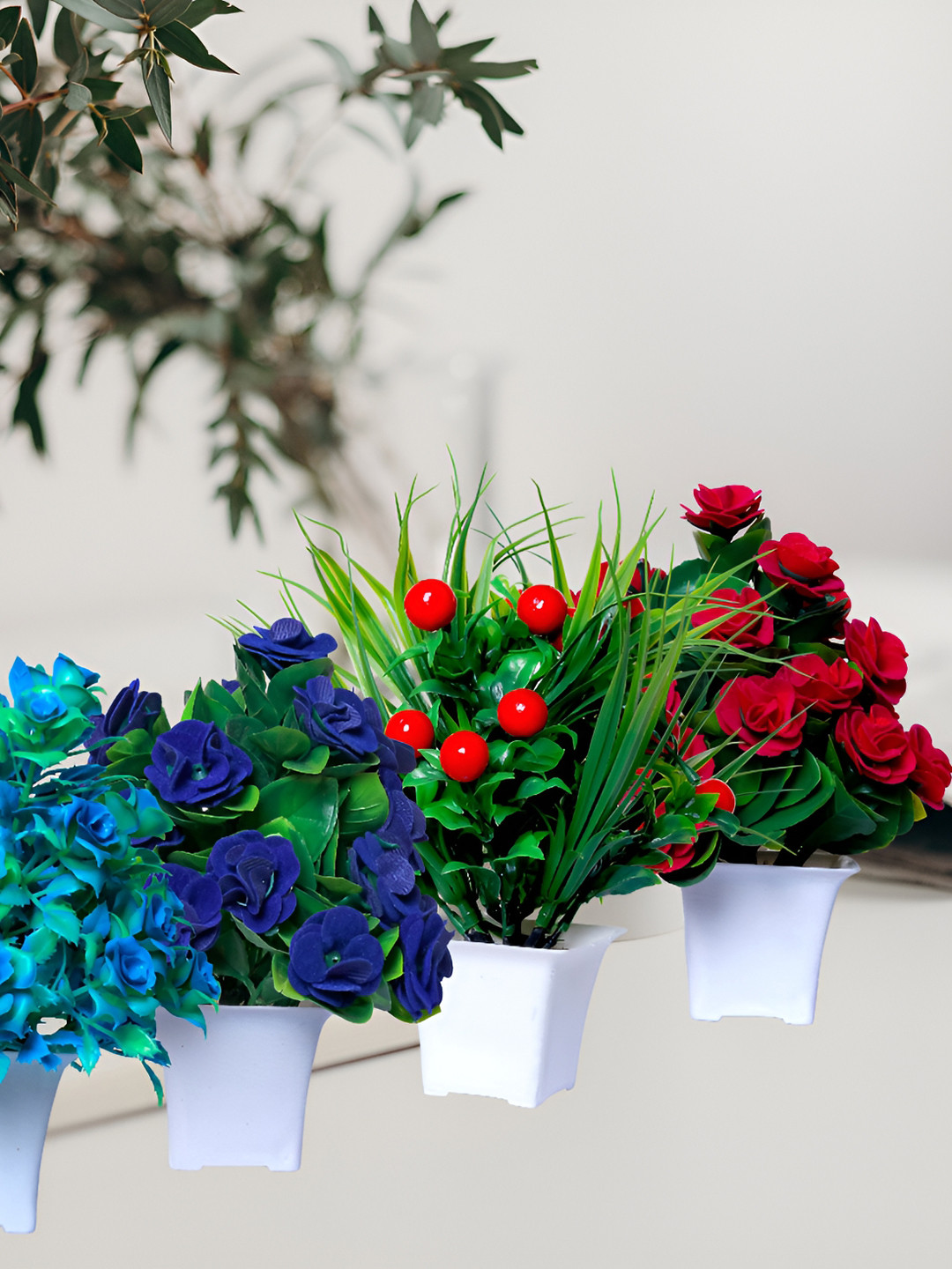 GW CREATIONS Red and Blue 4 Pieces Berry Artificial Flower With Pot