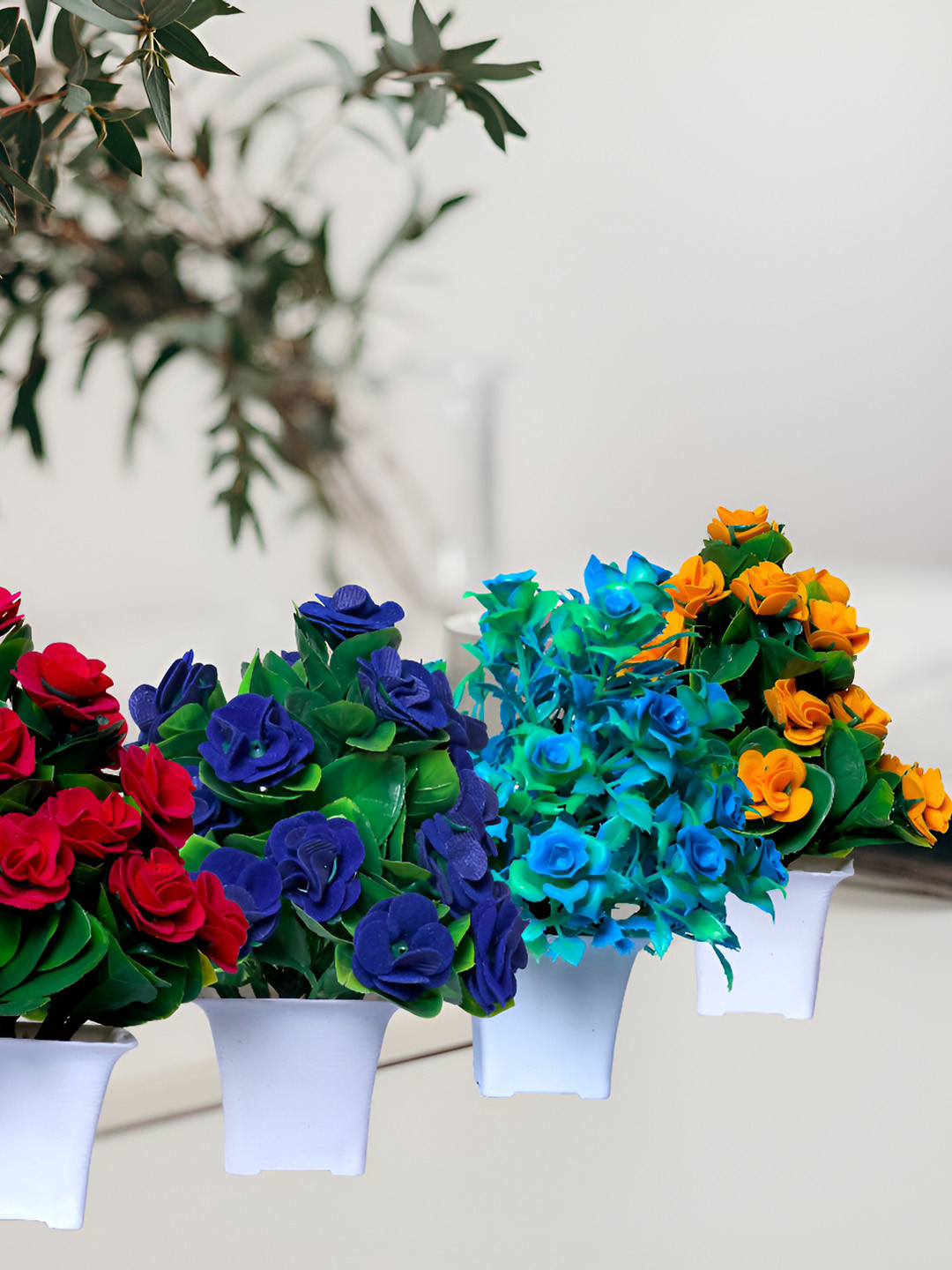 GW CREATIONS Blue and Yellow 4 Pieces Berry Artificial Flower With Pot