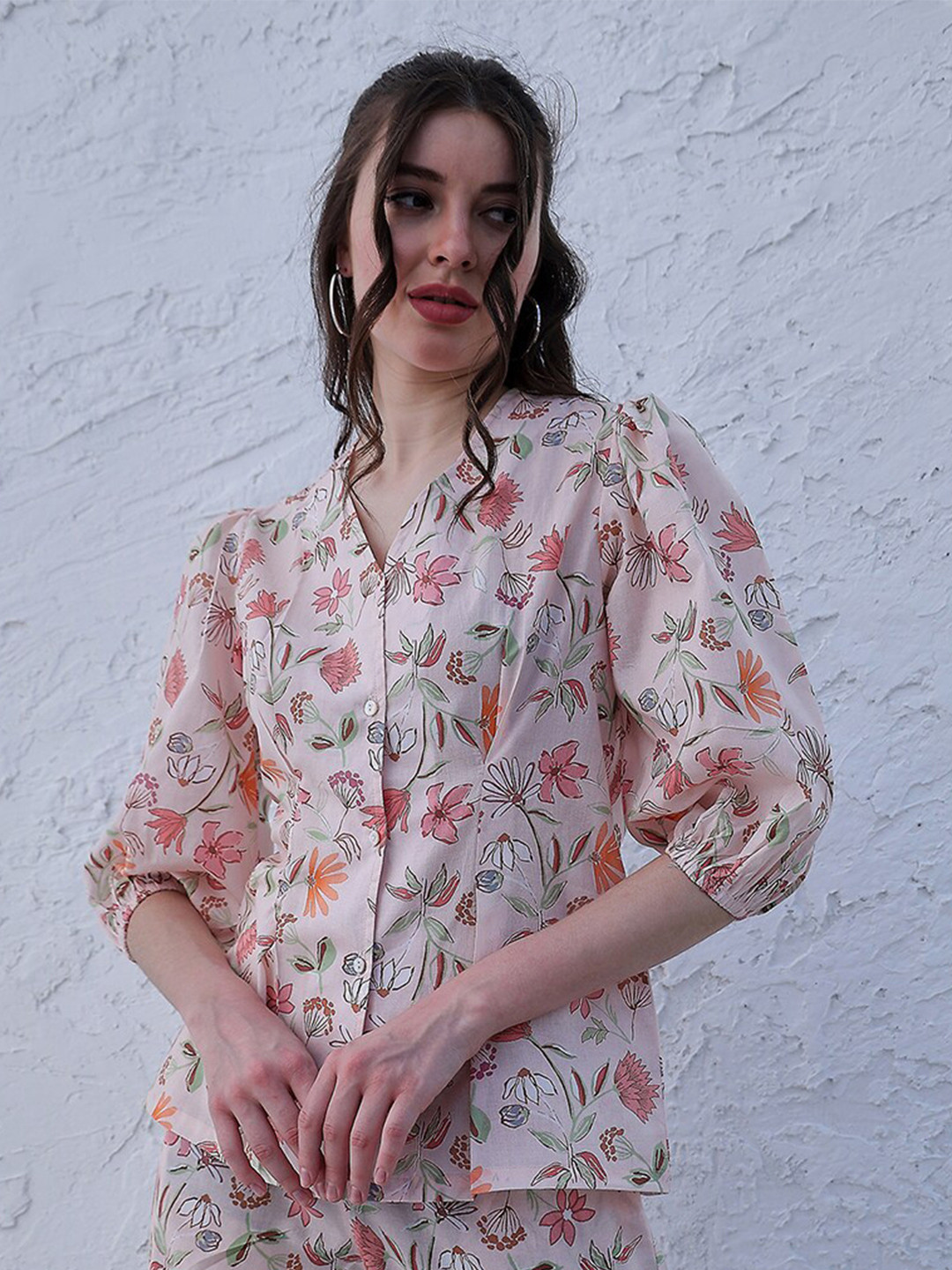 Boho By Athena Floral printed V-Neck Puff Sleeves Shirt Style Top