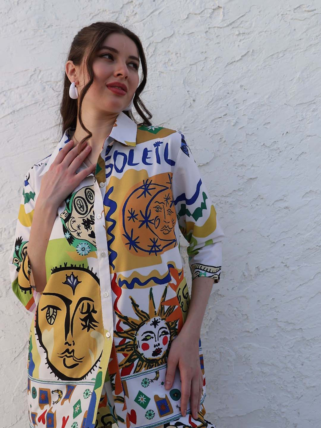 Boho By Athena Abstract Printed Regular Sleeves Linen Shirt Style Top