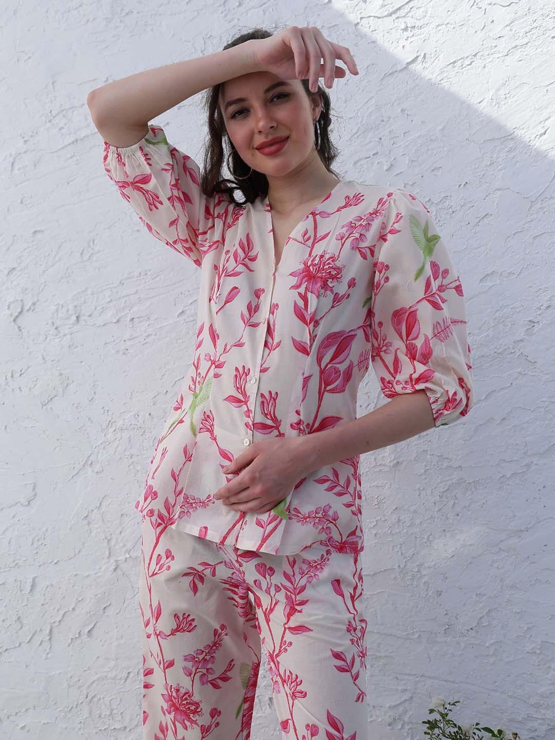 Boho By Athena Floral printed V-Neck Puff Sleeves Shirt Style Top