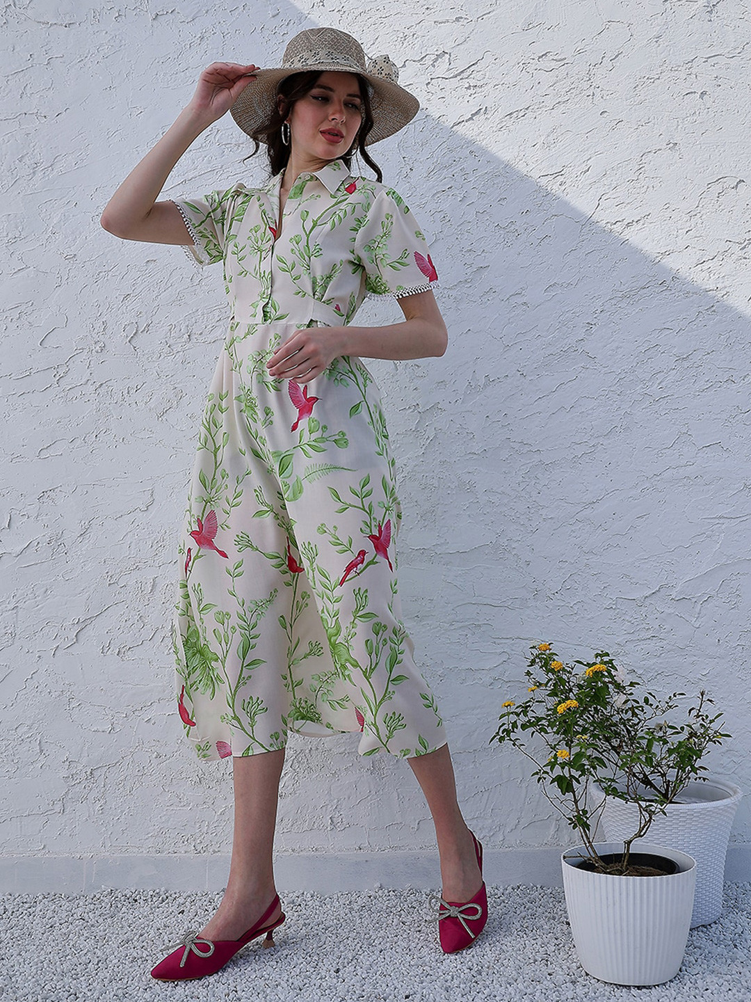 Boho By Athena Floral Printed Shirt Collar Fit And Flare Midi Dress