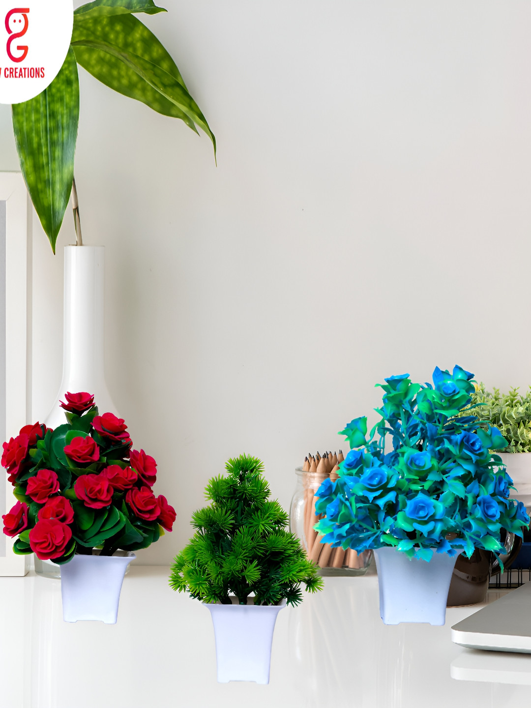 GW CREATIONS Blue and Red 3 Pieces Berry Artificial Flower With Pot