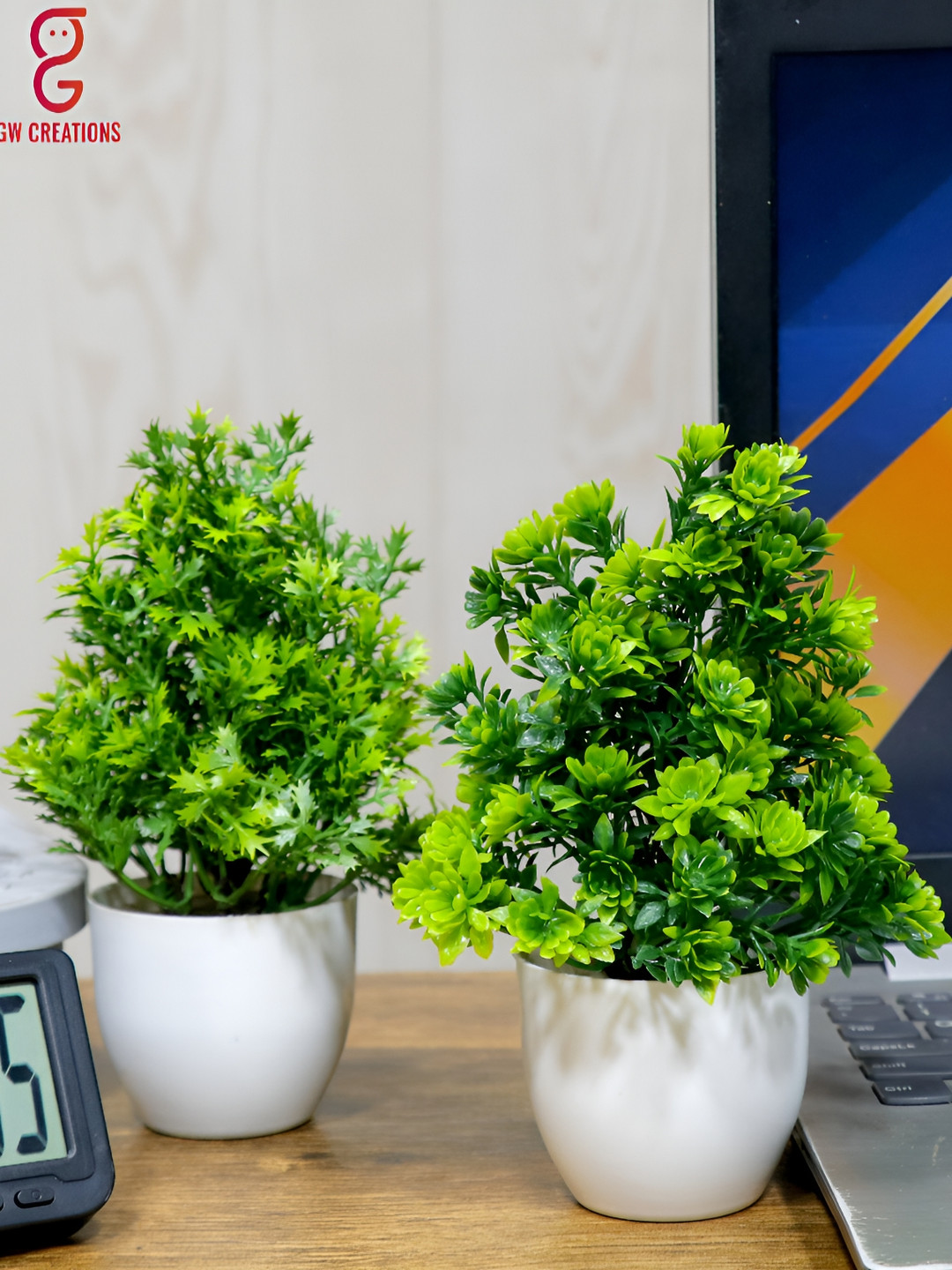 GW CREATIONS Green 2 Pieces Daisy Artificial Flowers With Pots