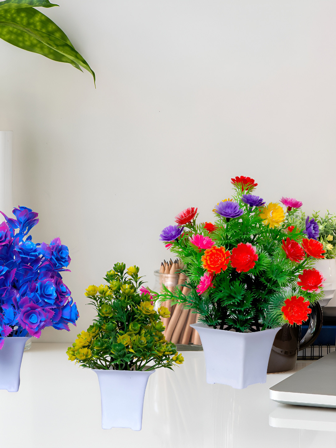 GW CREATIONS Blue and Green 3 Pieces Berry Artificial Flower With Pot