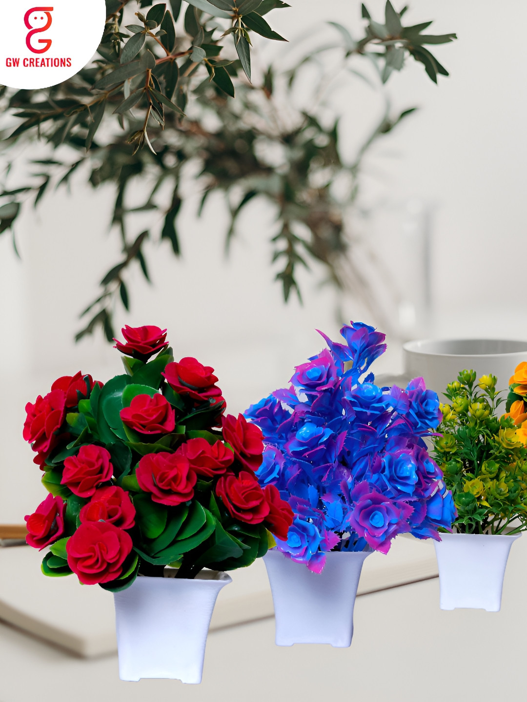 GW CREATIONS Red and Blue 4 Pieces Berry Artificial Flower With Pot