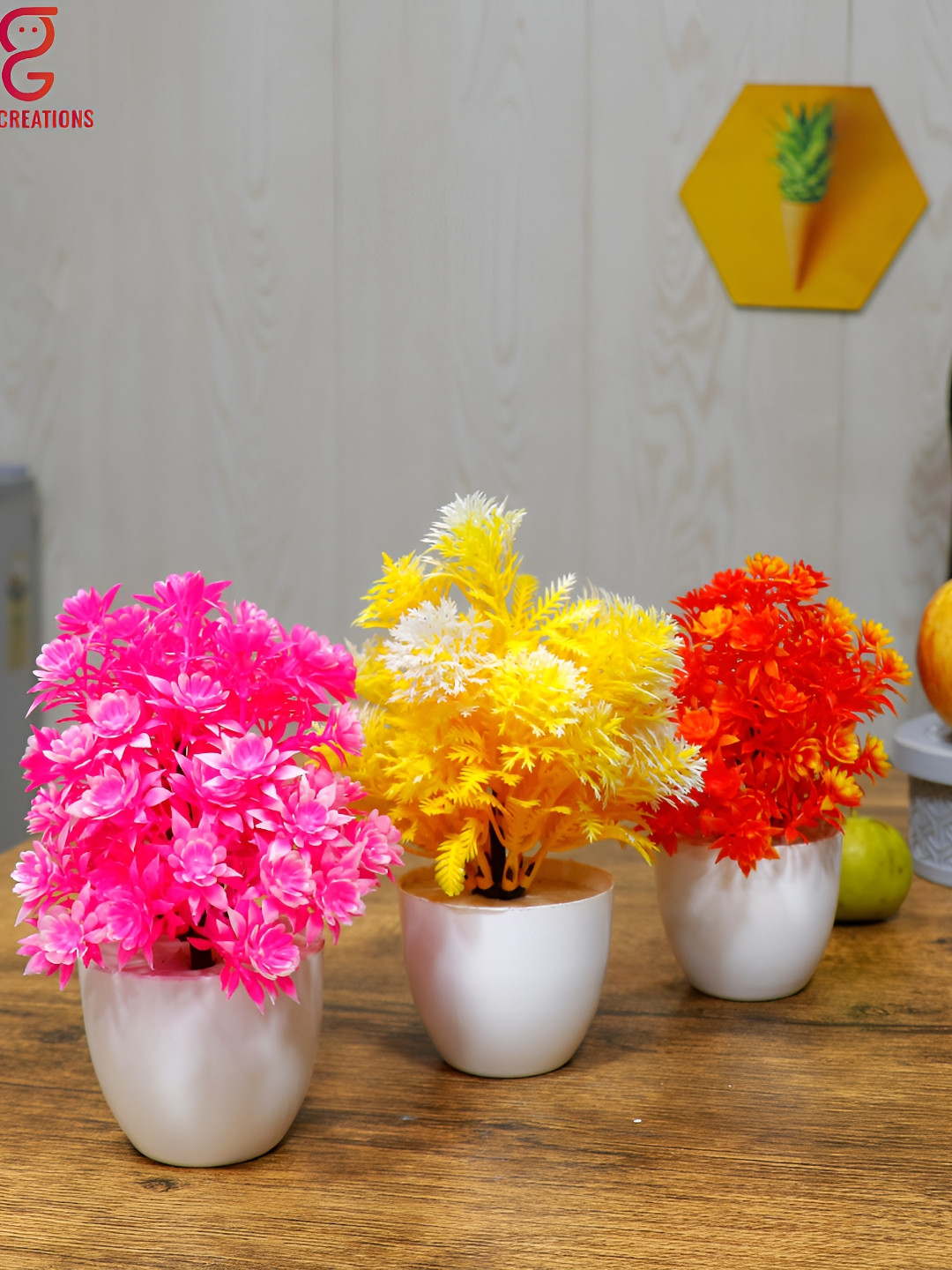 GW CREATIONS Yellow and Pink 3 Pieces Daisy Artificial Flower With Pot