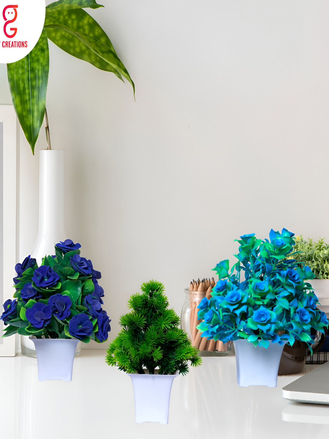 GW CREATIONS Blue and Green 3 Pieces Berry Artificial Flower With Pot