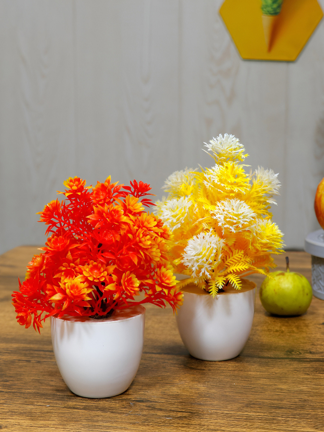 GW CREATIONS Yellow & Orange 2 Pieces Daisy Artificial Flowers With Pot