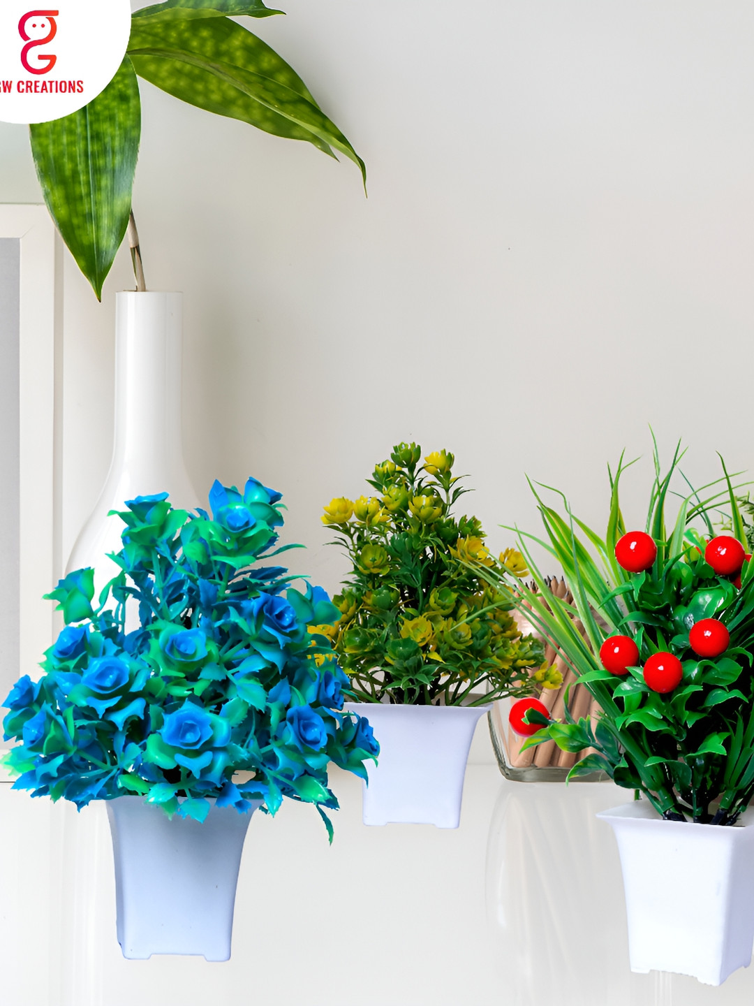GW CREATIONS Blue and Red 3 Pieces Berry Artificial Flower With Pot