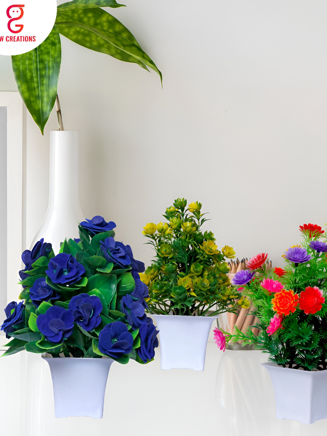 GW CREATIONS Purple & Yellow 3 Pieces Berry Artificial Flowers With Pot