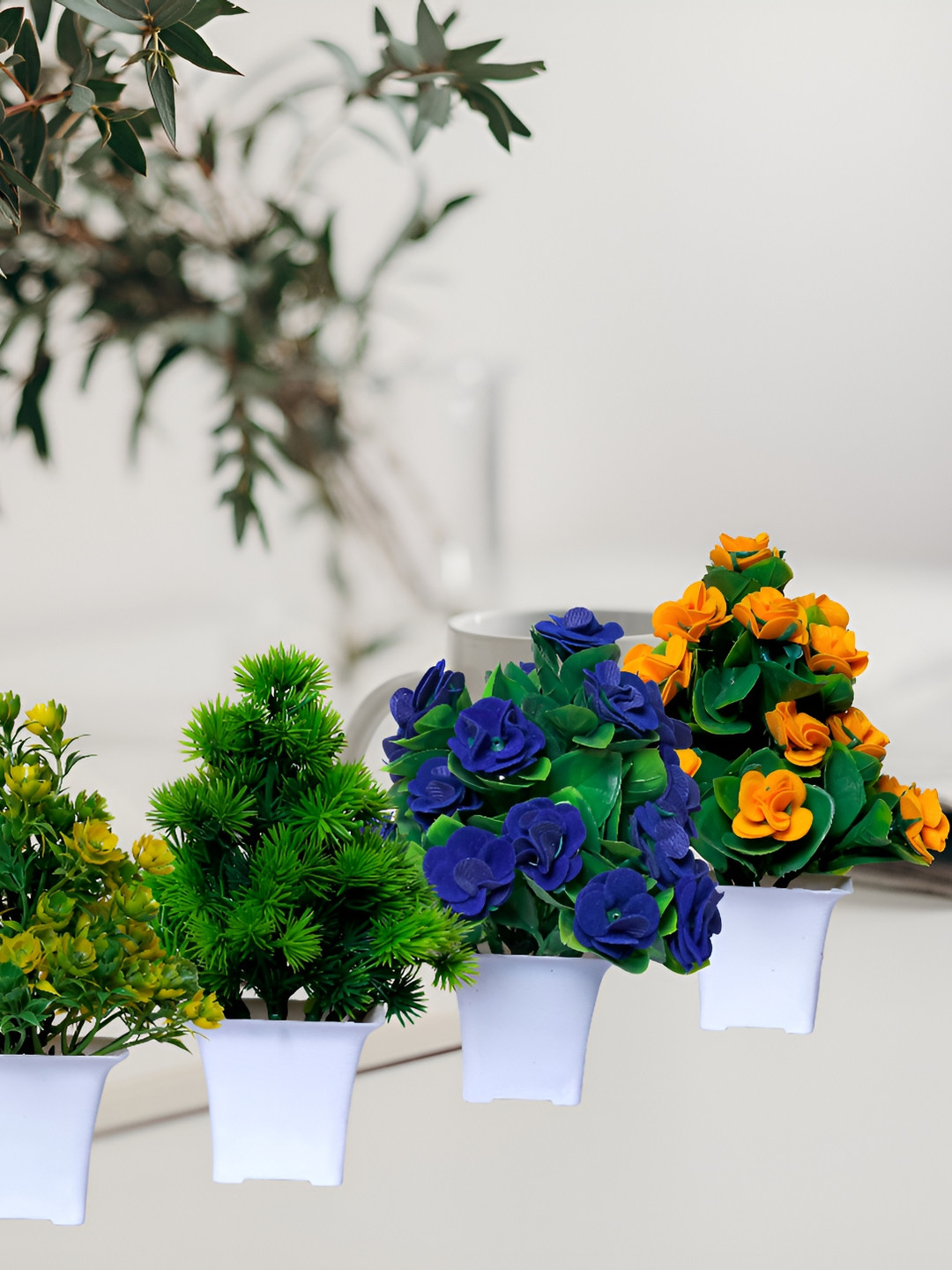 GW CREATIONS Blue and Orange 4 Pieces Berry Artificial Flower With Pot