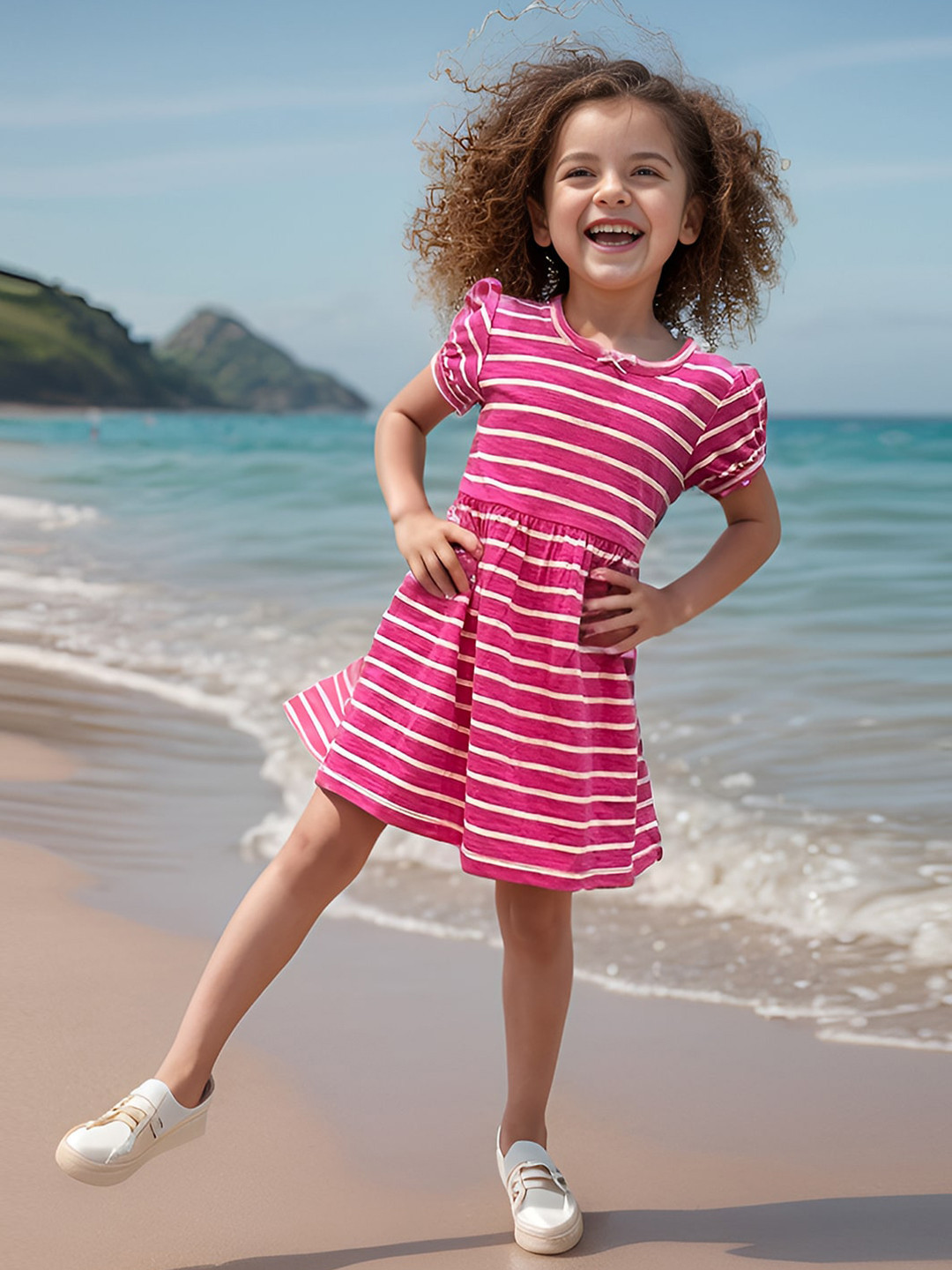 A.T.U.N. Girls Striped Round Neck Puff Sleeves Cotton Fit & Flare Dress