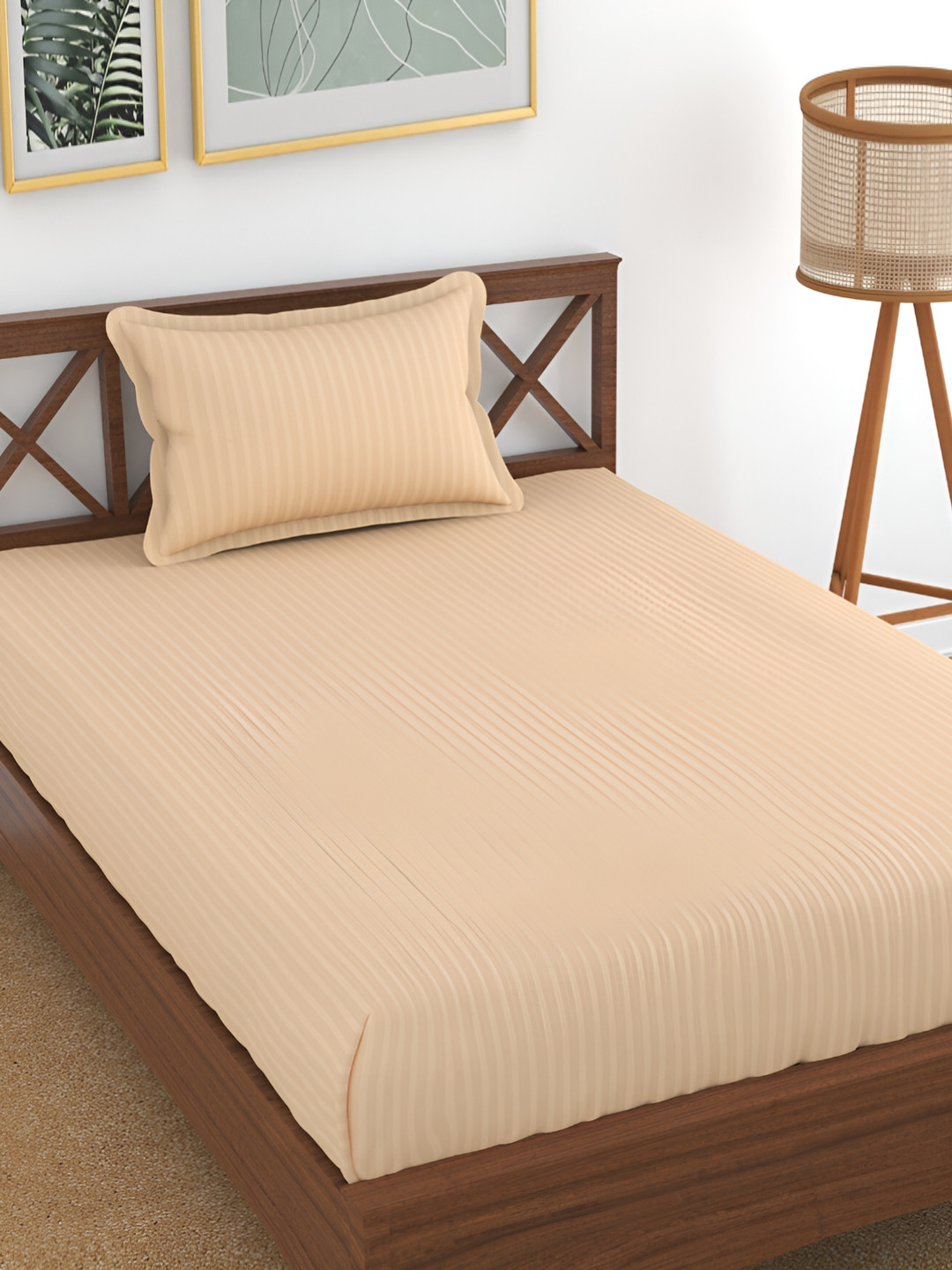 UrbanArts Peach Striped Microfiber 200 TC Single Fine Bedsheet with a Pillow Cover-90 x 57 inches