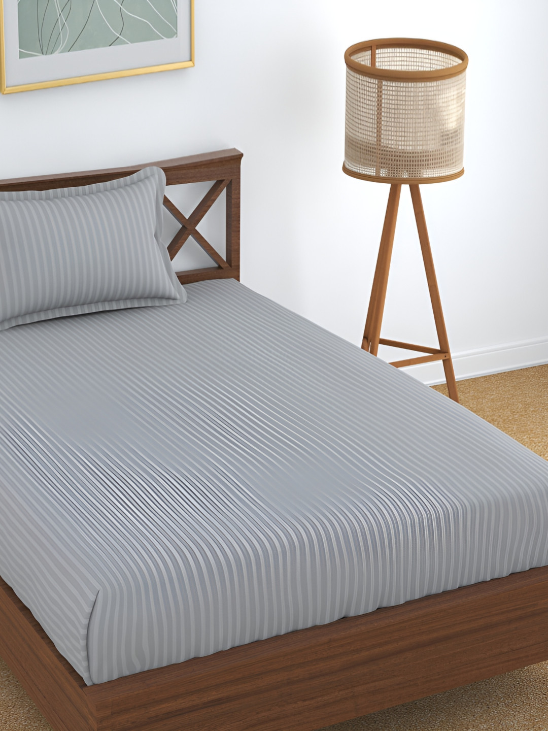 UrbanArts Silver Striped Microfiber 200 TC Single Fine Bedsheet with a Pillow Cover-90 x 57 inches