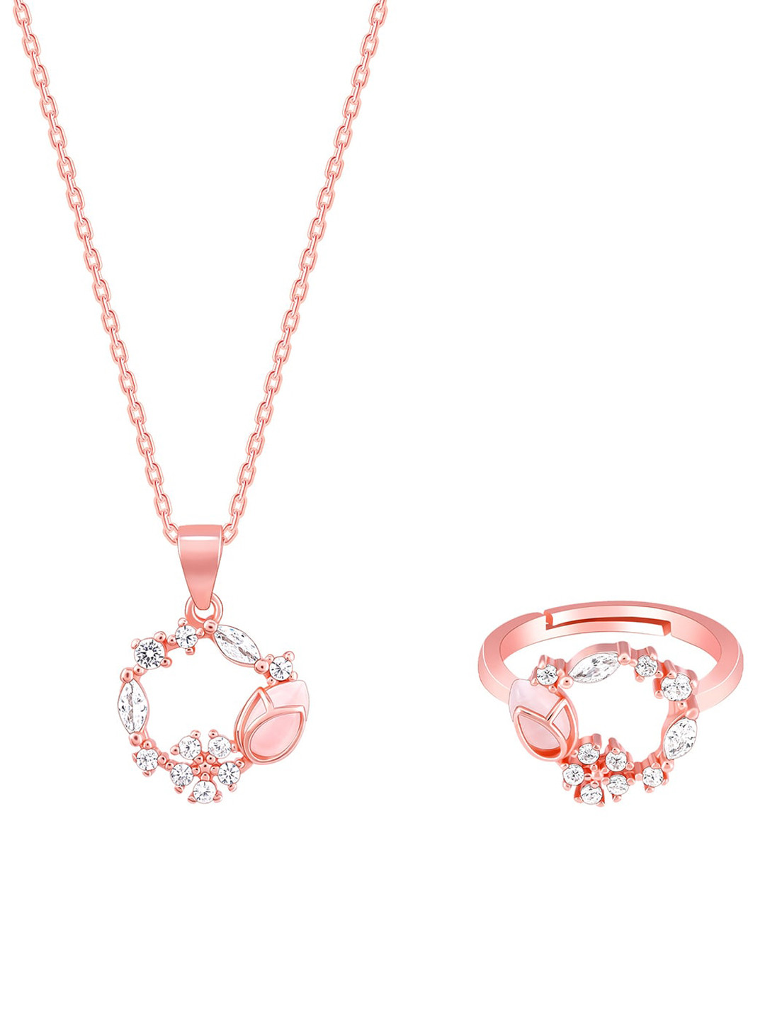 GIVA Sert Of 2 925 Silver Rose Gold-Plated Drop Wreath Pendant With Chain & Finger Ring