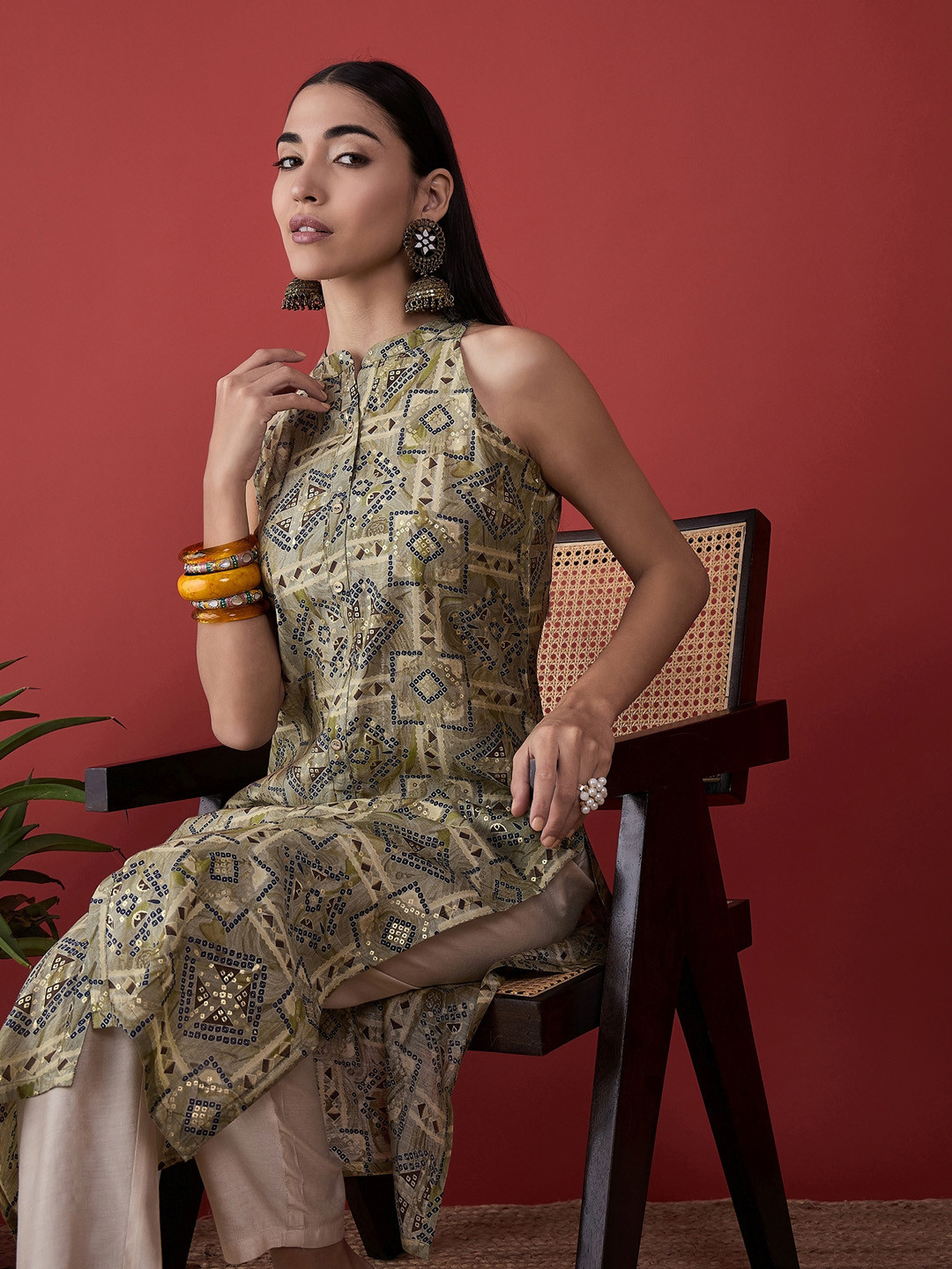 Anouk Green Bandhani Printed Mandarin Collar Zari detail A-Line Kurta