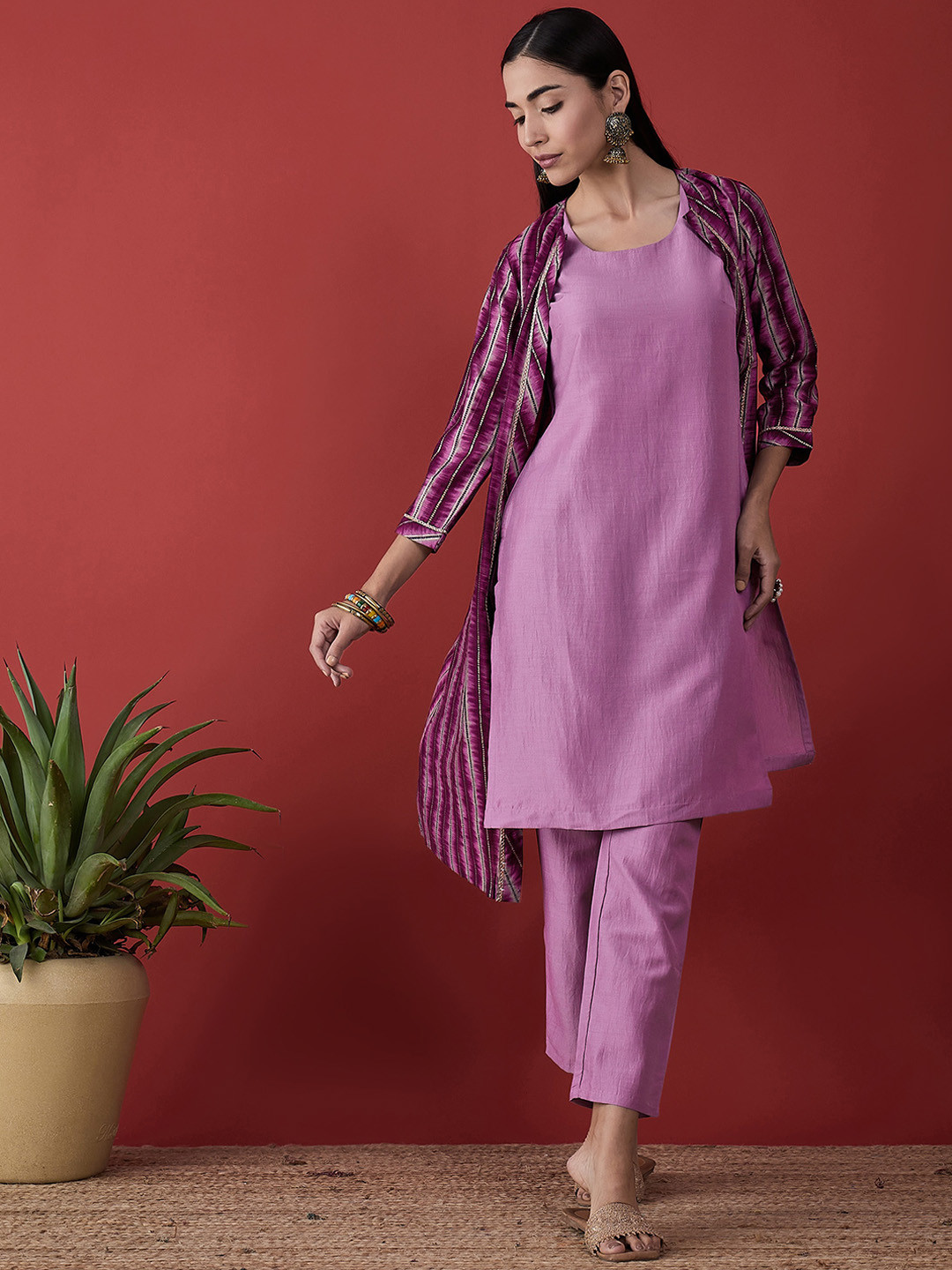 Anouk Violet Sequinned Round Neck Regular Kurta with Trousers & Shrug