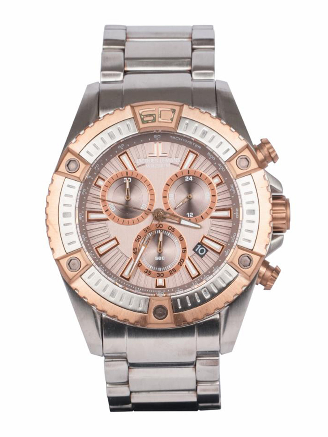 Jacques Lemans Men Patterned Dial & Stainless Steel Bracelet Chronograph Watch 1-1805LZZ-