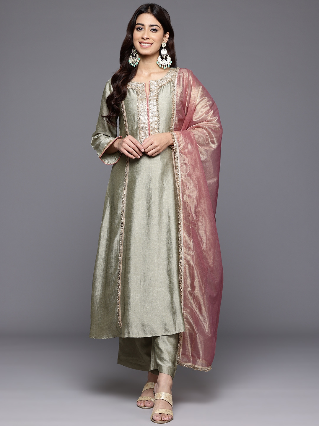 Varanga Embroidered Zari Panelled Anarkali Kurta With Palazzos & Dupatta - Kurta Sets for Women 29382352 | Myntra