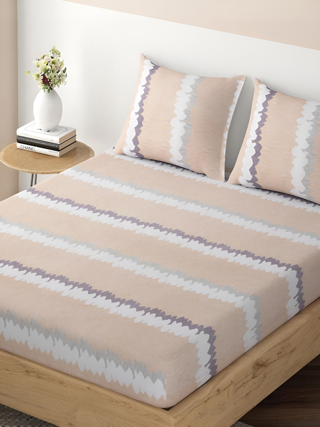 HOKIPO Brown Graphic Microfiber Shrink Resistant 140 TC Fitted Queen Bedsheet with 2 Pillow Covers-78 x 60 inches