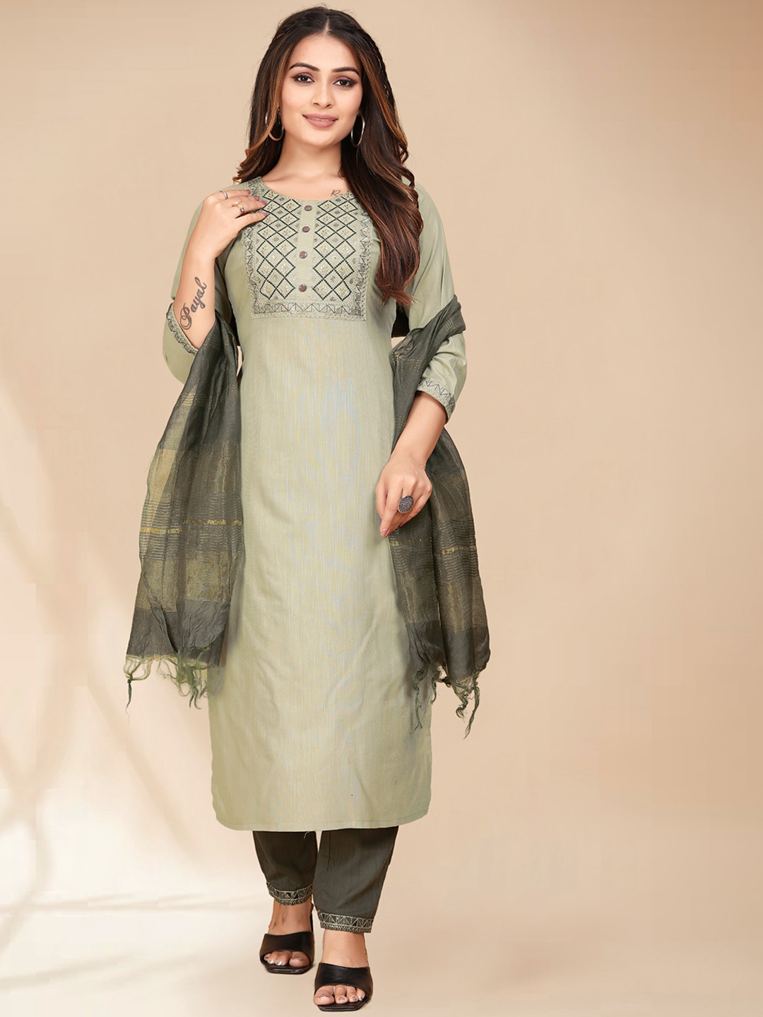 Anouk Pista Green Ethnic Motifs Yoke Design Sequinned Kurta with Trousers & Dupatta