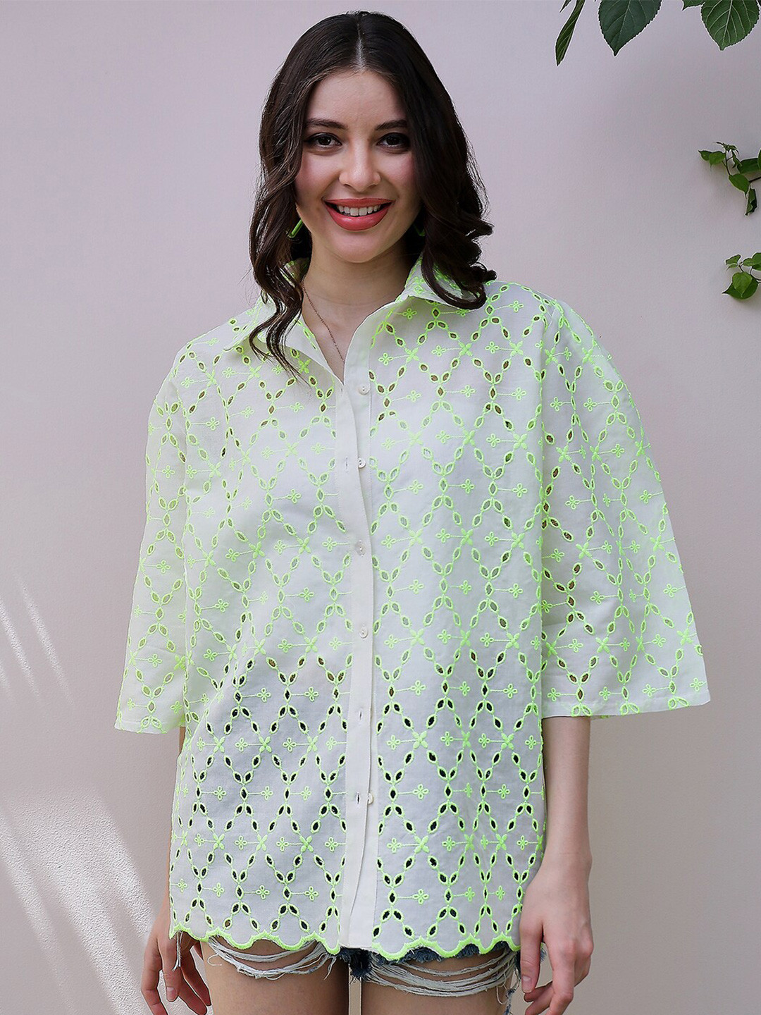 Athena Floral Print Flared Sleeve Semi Sheer Cotton Schiffli Shirt Style Top