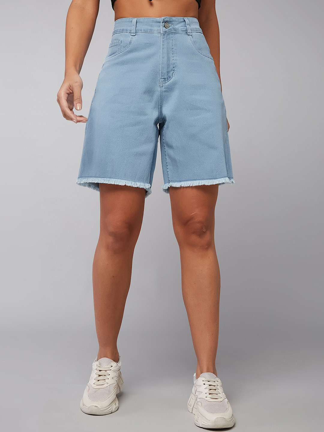 DOLCE CRUDO Women Light Blue High Rise Clean Look Above Knee Stretchable Denim Shorts
