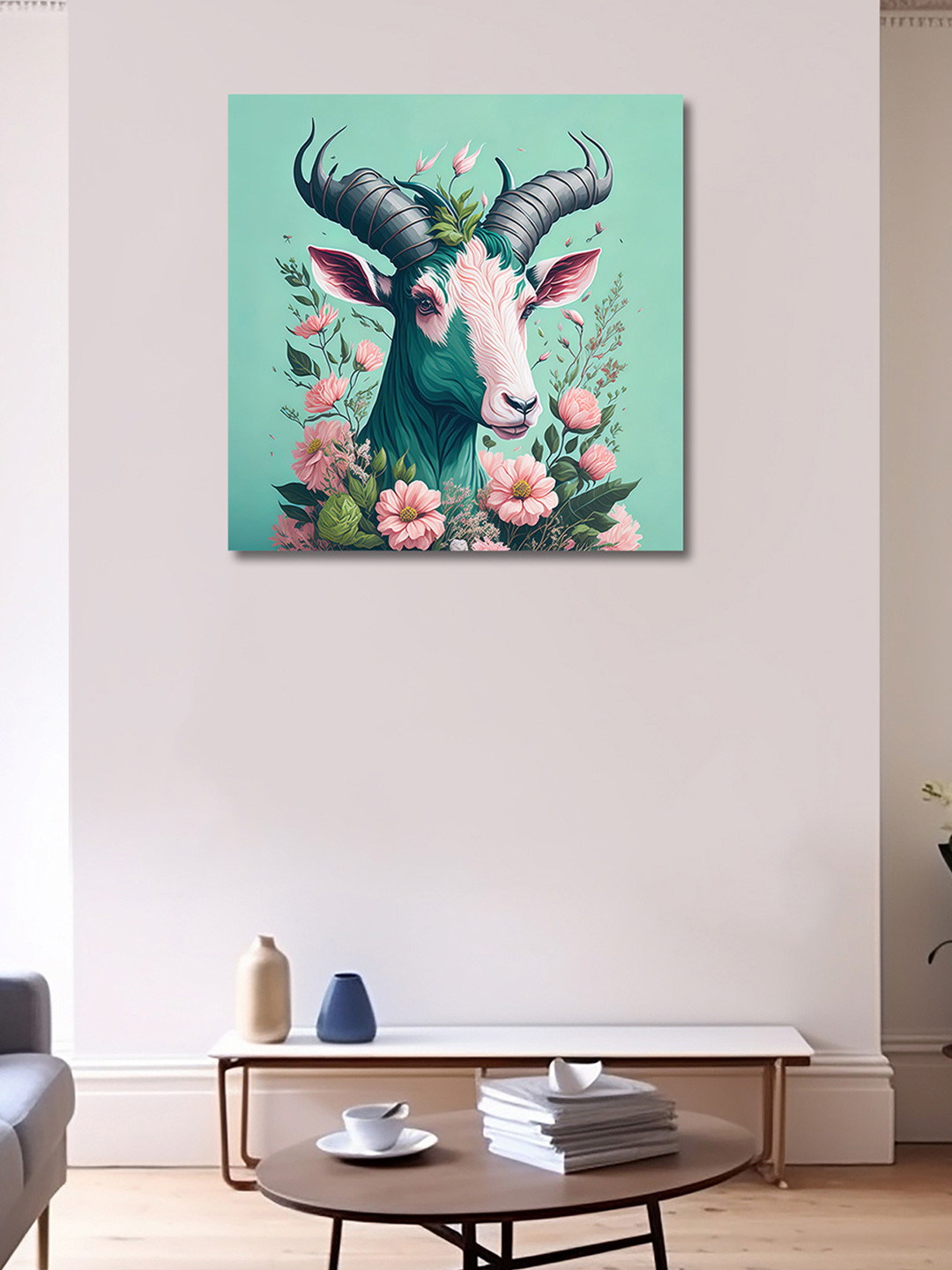 OLIVE TREE Green & Pink Canvas Birds and Animals Painting Wall Art